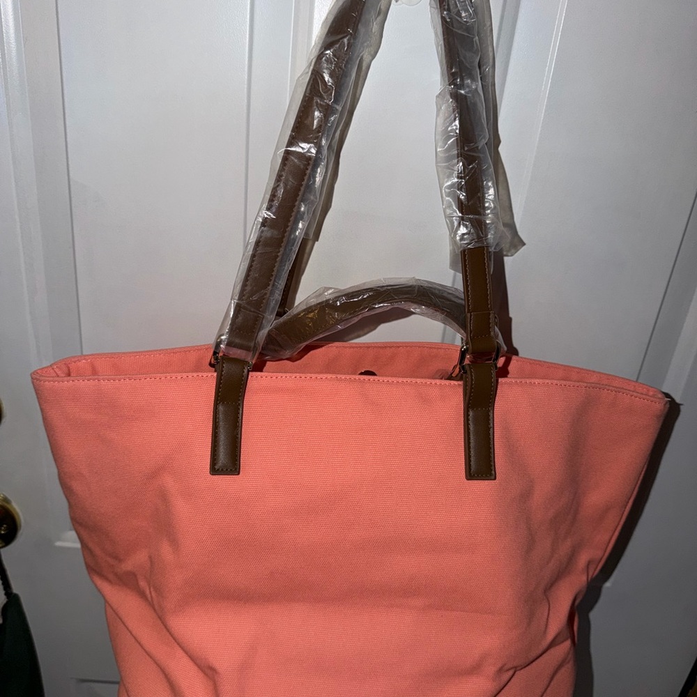 Coral Tote Bag with Brown Handles